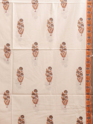 Beige, Grey and Brown Traditional Sanganeri Cotton Dress Material with Chiffon Dupatta