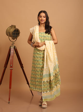 Light Olive Green and Mustard Sanganeri Cotton Dress Material with Mul Cotton Dupatta