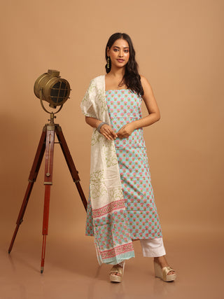 Aqua Blue and Pink Sanganeri Cotton Dress Material with Mul Cotton Dupatta