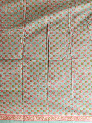 Aqua Blue and Pink Sanganeri Cotton Dress Material with Mul Cotton Dupatta