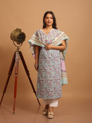 Baby Blue and Lilac Paisley Sanganeri Cotton Dress Material with Mul Cotton Dupatta