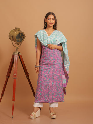 Lavender Pink and Turquoise Sanganeri Cotton Dress Material with Mul Cotton Dupatta