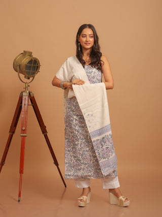Ivory, Lavender, Peach and Grey-Blue Sanganeri Cotton Dress Material with Mul Cotton Dupatta