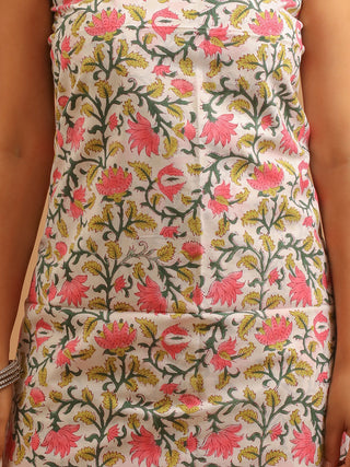 Cream and Peachish Pink Floral Sanganeri Cotton Dress Material with Mul Cotton Dupatta