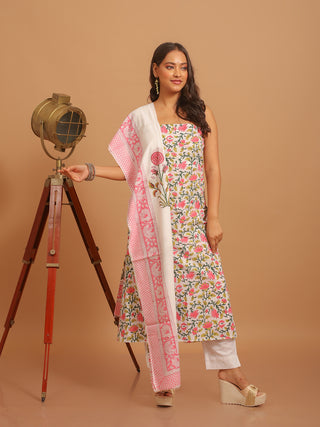 Cream and Peachish Pink Floral Sanganeri Cotton Dress Material with Mul Cotton Dupatta
