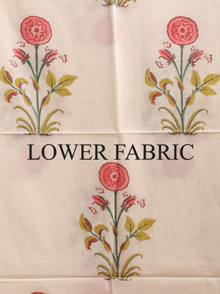 Cream and Peachish Pink Floral Sanganeri Cotton Dress Material with Mul Cotton Dupatta