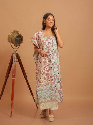 Aqua Blue and Rose Pink Sanganeri Cotton Dress Material with Mul Cotton Dupatta