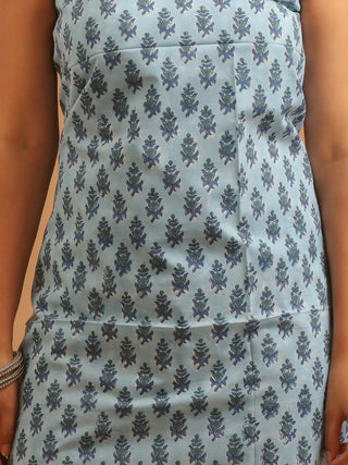 Powder Blue and Indigo Floral Sanganeri Cotton Dress Material with Mul Cotton Dupatta