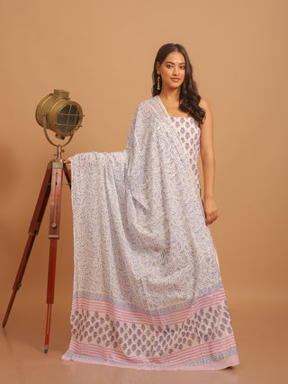 Ivory, Indigo Blue and Lilac Sanganeri Cotton Dress Material with Mul Cotton Dupatta