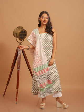 Cream, Mint Green and Peach Sanganeri Cotton Dress Material with Mul Cotton Dupatta