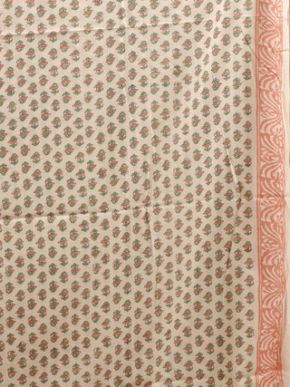 Cream, Mint Green and Peach Sanganeri Cotton Dress Material with Mul Cotton Dupatta