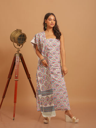 Ivory and Multicolour Floral Sanganeri Cotton Dress Material with Mul Cotton Dupatta