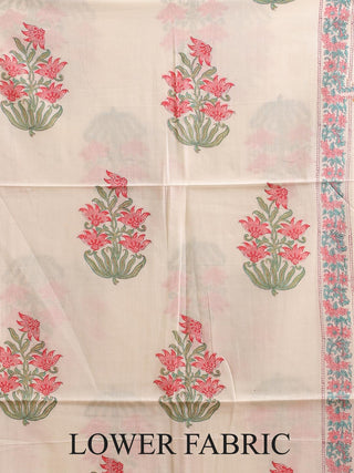 Ivory and Multicolour Floral Sanganeri Cotton Dress Material with Mul Cotton Dupatta