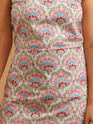 Ivory and Multicolour Floral Sanganeri Cotton Dress Material with Mul Cotton Dupatta