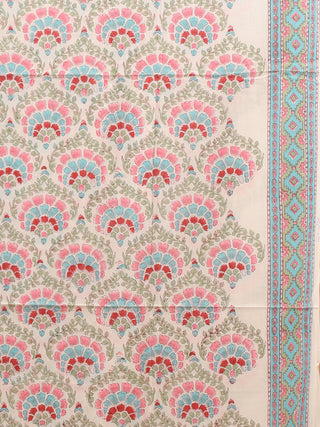 Ivory and Multicolour Floral Sanganeri Cotton Dress Material with Mul Cotton Dupatta