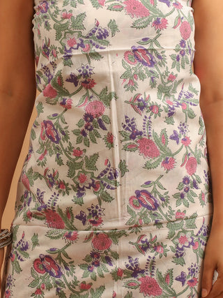 Ivory Base Kurta with Lavender-Pink Floral Print and Purple Kota Doria Dupatta
