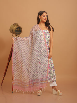 Ivory Base Kurta with Lavender-Pink Floral Print and Purple Kota Doria Dupatta