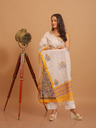 White Base Kurta with Yellow, Peach, Grey and Indigo Floral Print