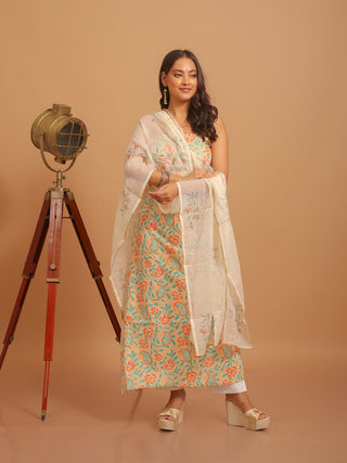 Peach Base Kurta with Aqua Paisley Print