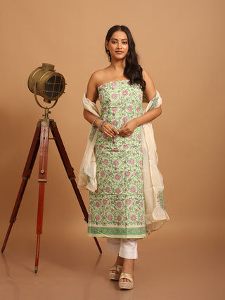 Mint Green Base Kurta with Magenta Floral Print and Ivory Kota Doria Dupatta