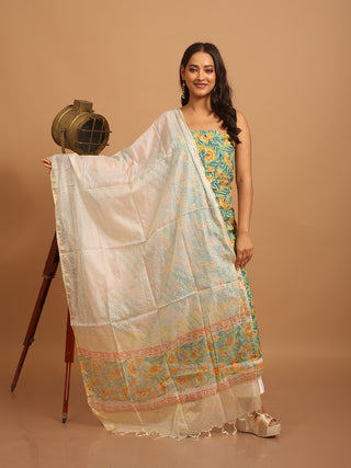 Green Base Kurta with Yellow-Blue Floral Print and Ivory Kota Doria Dupatta