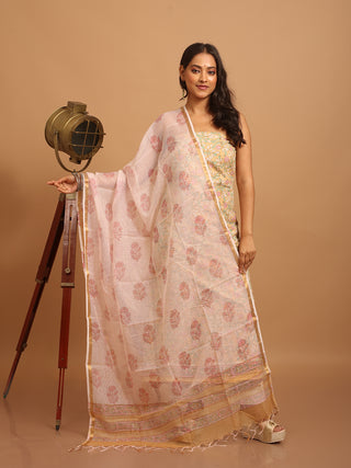 Beige Kurta with Pastel Pink-Green Floral Jaal and Blush Kota Doria Dupatta