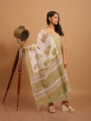 Olive Green Kurta with Marigold Buti Print and Ivory Kota Doria Dupatta