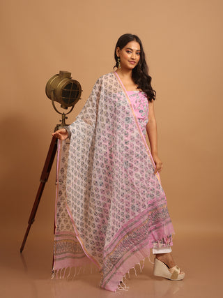 Mauvish-Pink Kurta with Mughal-Style Botanical Print and Indigo Kota Doria Dupatta