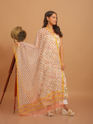 Ivory Kurta with Pastel Garden Bloom Print and Off-White Kota Doria Dupatta