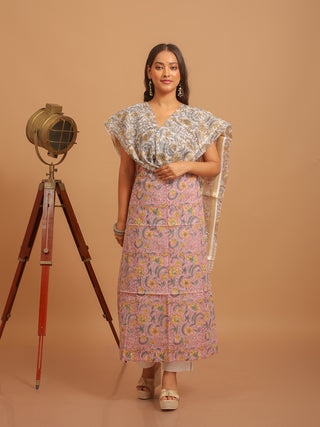 Blush Pink Kurta with Yellow-Grey Wildflower Print and Monochrome Kota Doria Dupatta