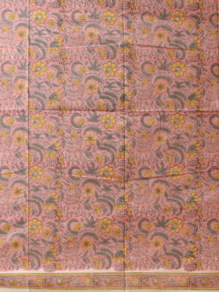 Blush Pink Kurta with Yellow-Grey Wildflower Print and Monochrome Kota Doria Dupatta