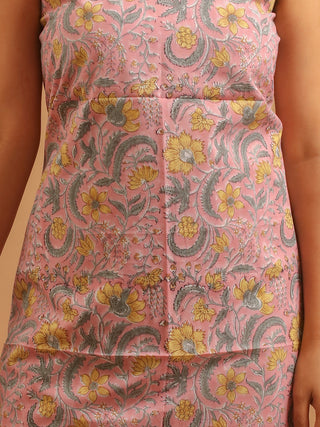 Blush Pink Kurta with Yellow-Grey Wildflower Print and Monochrome Kota Doria Dupatta