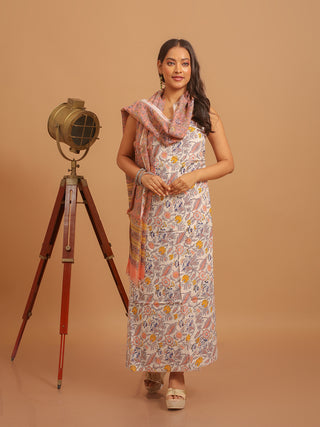 Chalk-White Kurta with Yellow and Peach Floral Pattern and Peach Dupatta