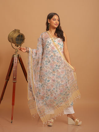 Off-White Kurta with Floral Mughal-Inspired Print and Off-White with Beige-Teal Print Kota Doria Dupatta