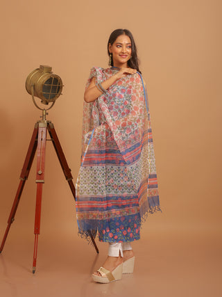 Indigo Blue Kurta with Peach Florals and Multicolour Printed Kota Doria Dupatta