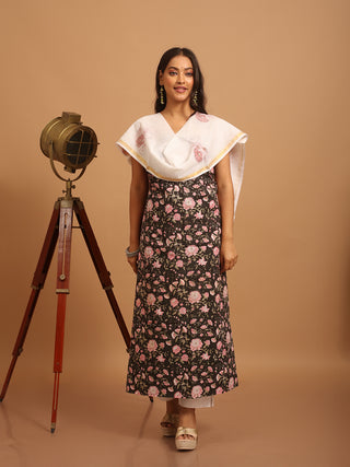 Black Floral Kurta with Pink Accents and White Lotus-Print Dupatta