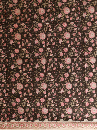 Black Floral Kurta with Pink Accents and White Lotus-Print Dupatta
