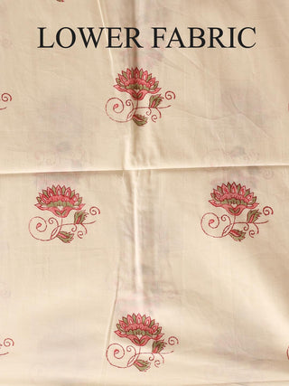 Black Floral Kurta with Pink Accents and White Lotus-Print Dupatta