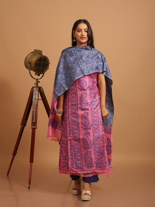 Pink and Grey Pure Tussar Silk Handblock Printed Dress Material Set