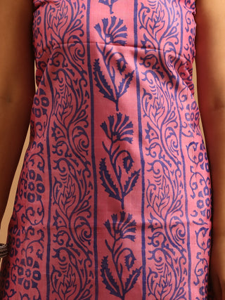 Pink and Grey Pure Tussar Silk Handblock Printed Dress Material Set