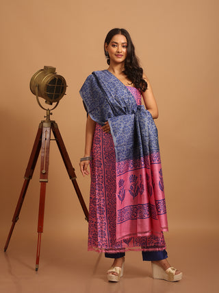 Pink and Grey Pure Tussar Silk Handblock Printed Dress Material Set