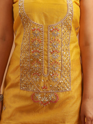 Mustard Chanderi Silk Kurta with Hand Zardozi Work, Red Santoon Bottom & Banarasi Dupatta