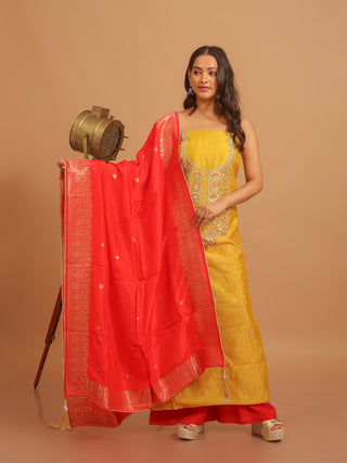 Mustard Chanderi Silk Kurta with Hand Zardozi Work, Red Santoon Bottom & Banarasi Dupatta