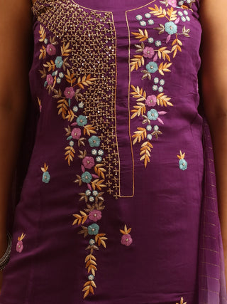 Deep Purple Muslin Kurta with Hand Zardozi Work, Light Purple Malai Cotton Bottom & Aari-Embroidered Dupatta