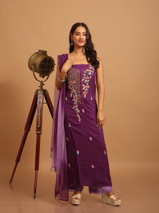 Deep Purple Muslin Kurta with Hand Zardozi Work, Light Purple Malai Cotton Bottom & Aari-Embroidered Dupatta
