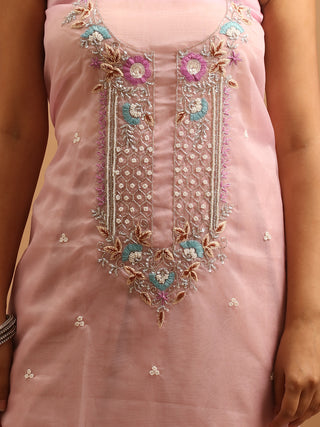 Light Mauve Organza Kurta with Hand Zardozi Work, Matching Chiffon Dupatta & Malai Cotton Lower