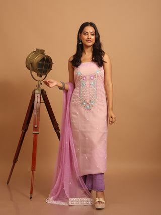 Light Mauve Organza Kurta with Hand Zardozi Work, Matching Chiffon Dupatta & Malai Cotton Lower