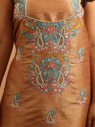 Golden-Beige Dupion Silk Kurta with Hand Aari Work, Blue Bottom & Banarasi Dupatta