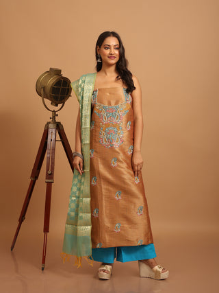 Golden-Beige Dupion Silk Kurta with Hand Aari Work, Blue Bottom & Banarasi Dupatta