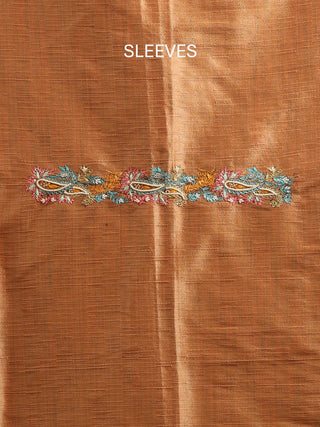 Golden-Beige Dupion Silk Kurta with Hand Aari Work, Blue Bottom & Banarasi Dupatta